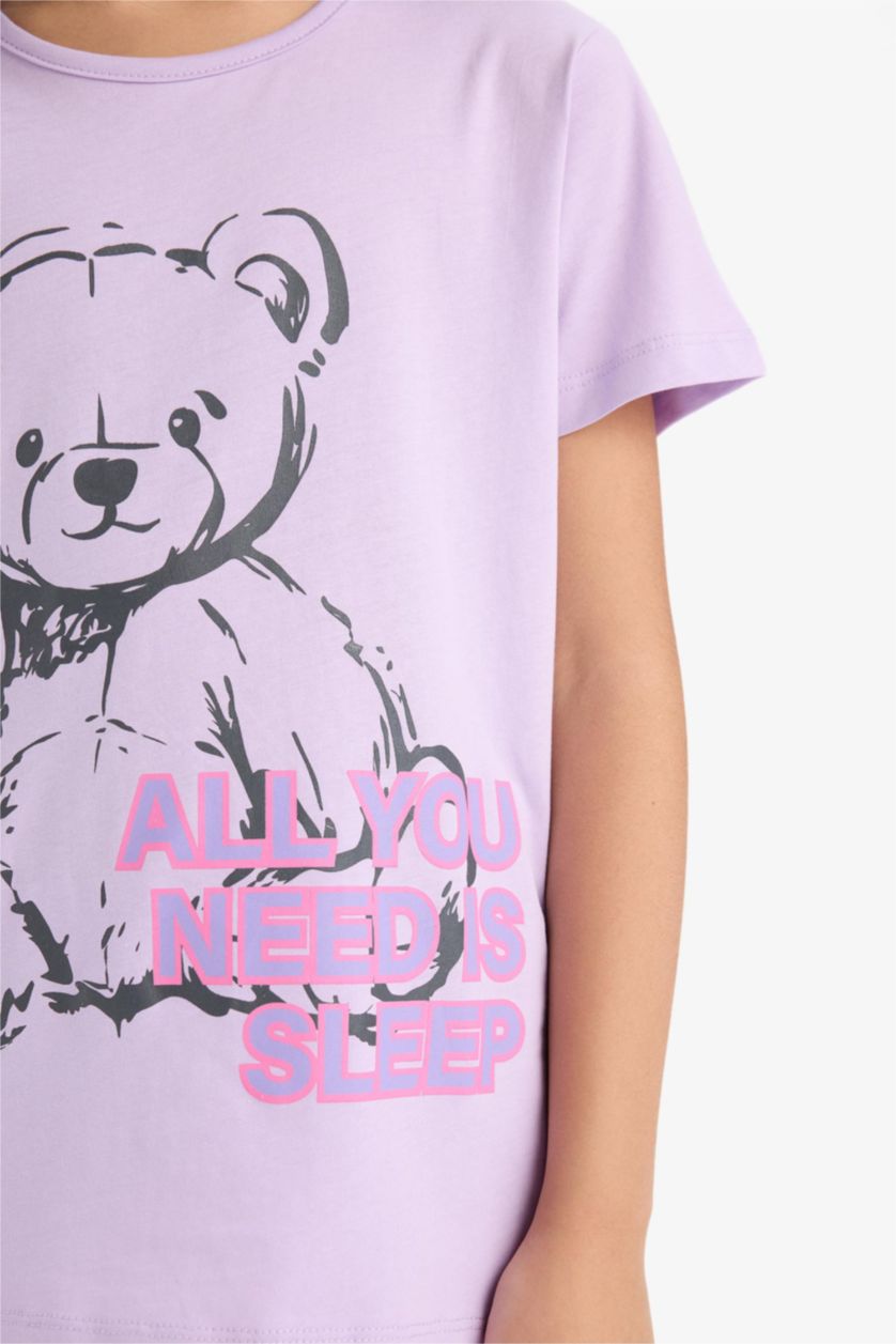 Kız Çocuk - Genç Kız Lila %100 Pamuklu Ayıcık Baskılı Beli Lastikli Pijama Takımı Kız Çocuk