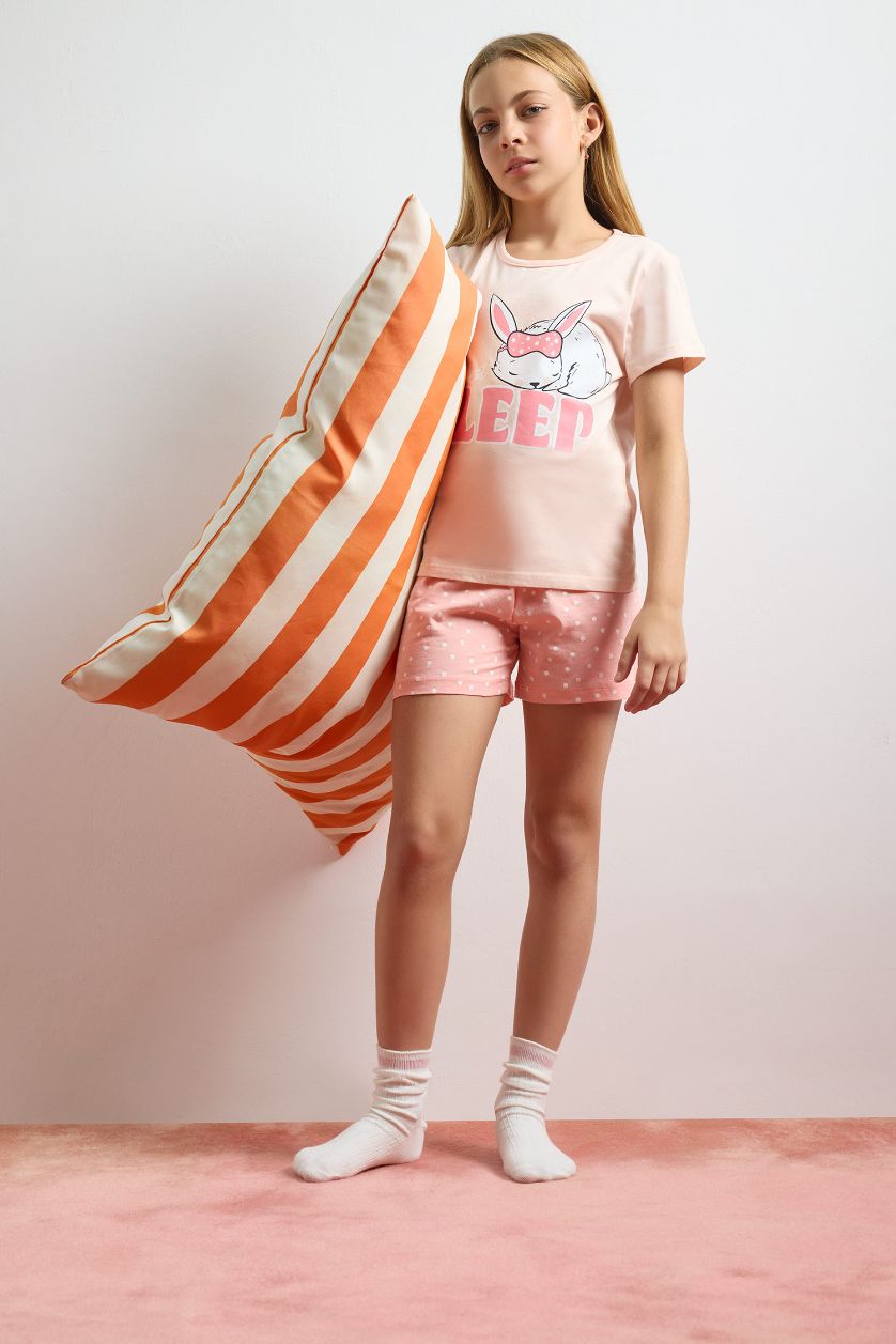 FILLES Rose Ensemble pyjama imprimé à manches courtes et short pour fille