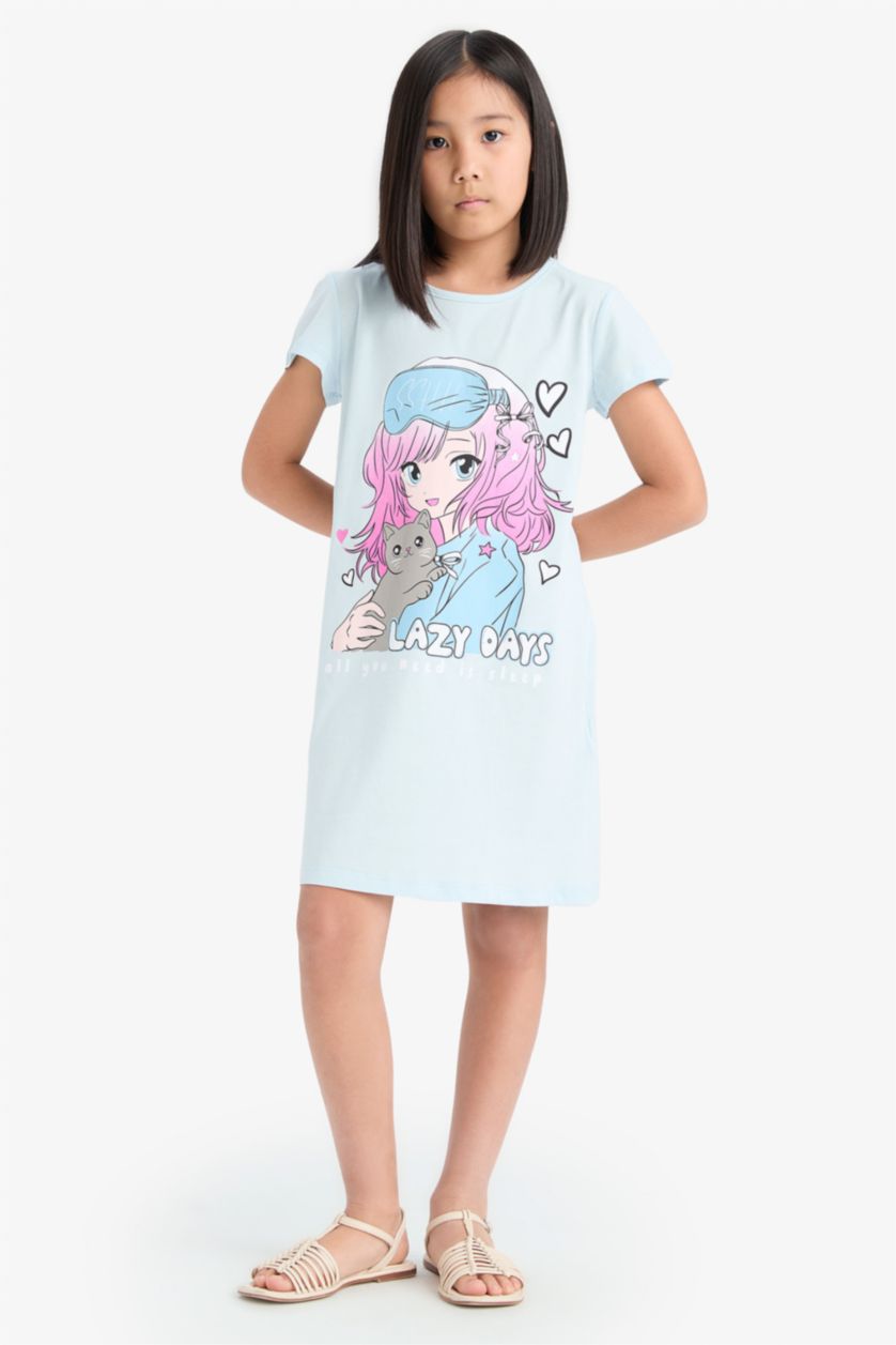 FILLES BLEU Clair Robe imprimée Anime à manches courtes pour fille