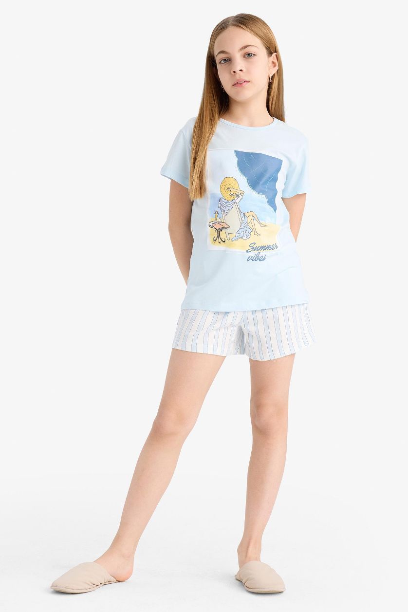 Kız Çocuk - Genç Kız Açık Mavi Pijama Takımı Baskılı Kısa Kollu Üst Beli Lastikli Kısa Şort Kız Çocuk