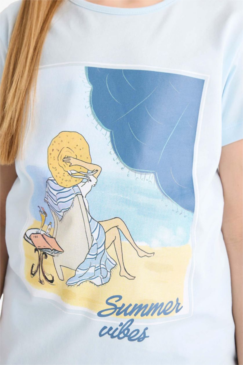 Kız Çocuk - Genç Kız Açık Mavi Pijama Takımı Baskılı Kısa Kollu Üst Beli Lastikli Kısa Şort Kız Çocuk