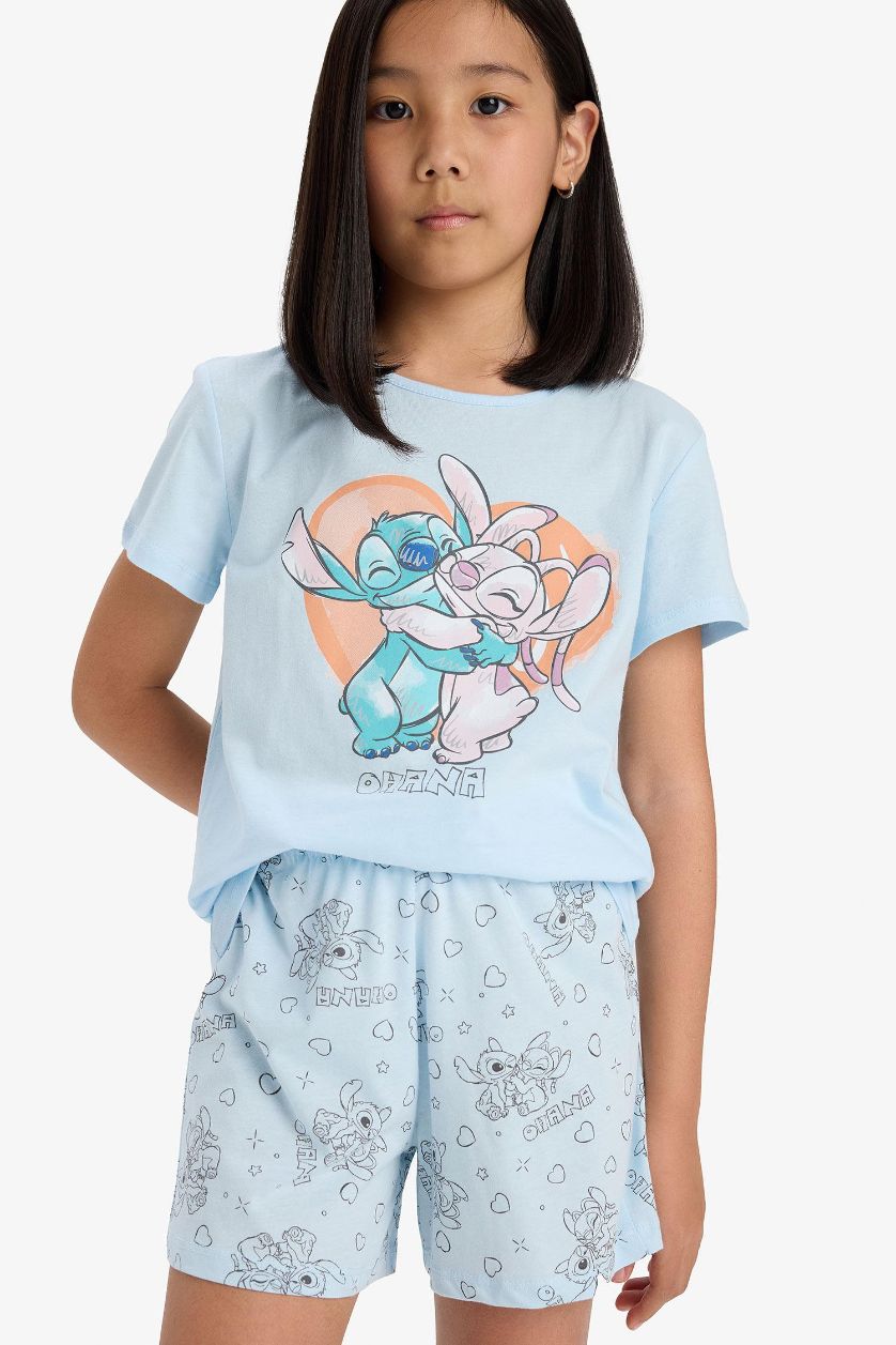 Kız Çocuk - Genç Kız Açık Mavi Kız Çocuk Disney Lilo & Stitch Pijama Takımı Kısa Kollu Üst Şort