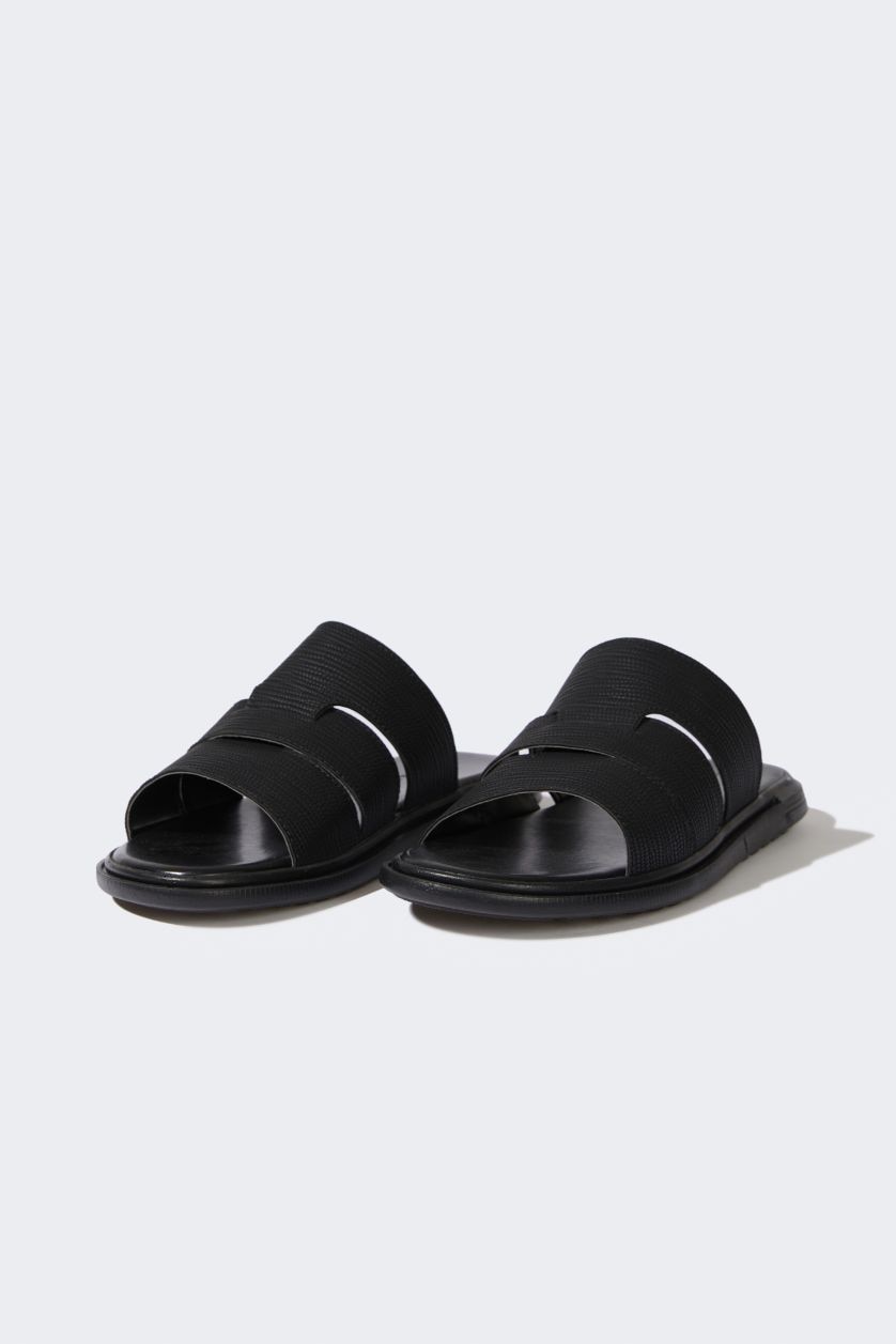 رجال أسود شبشب رجالي جلد صناعي بكعب مسطح بشريط مزدوج