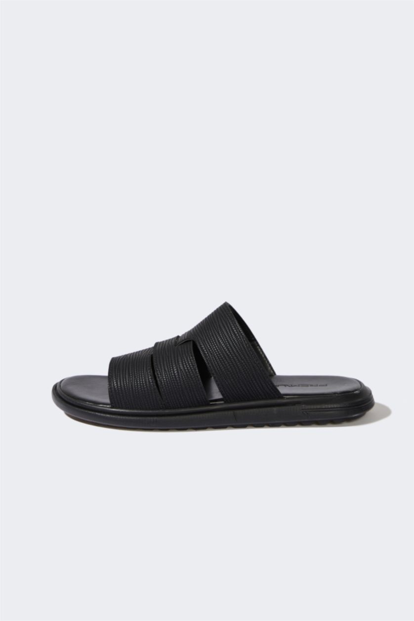 رجال أسود شبشب رجالي جلد صناعي بكعب مسطح بشريط مزدوج