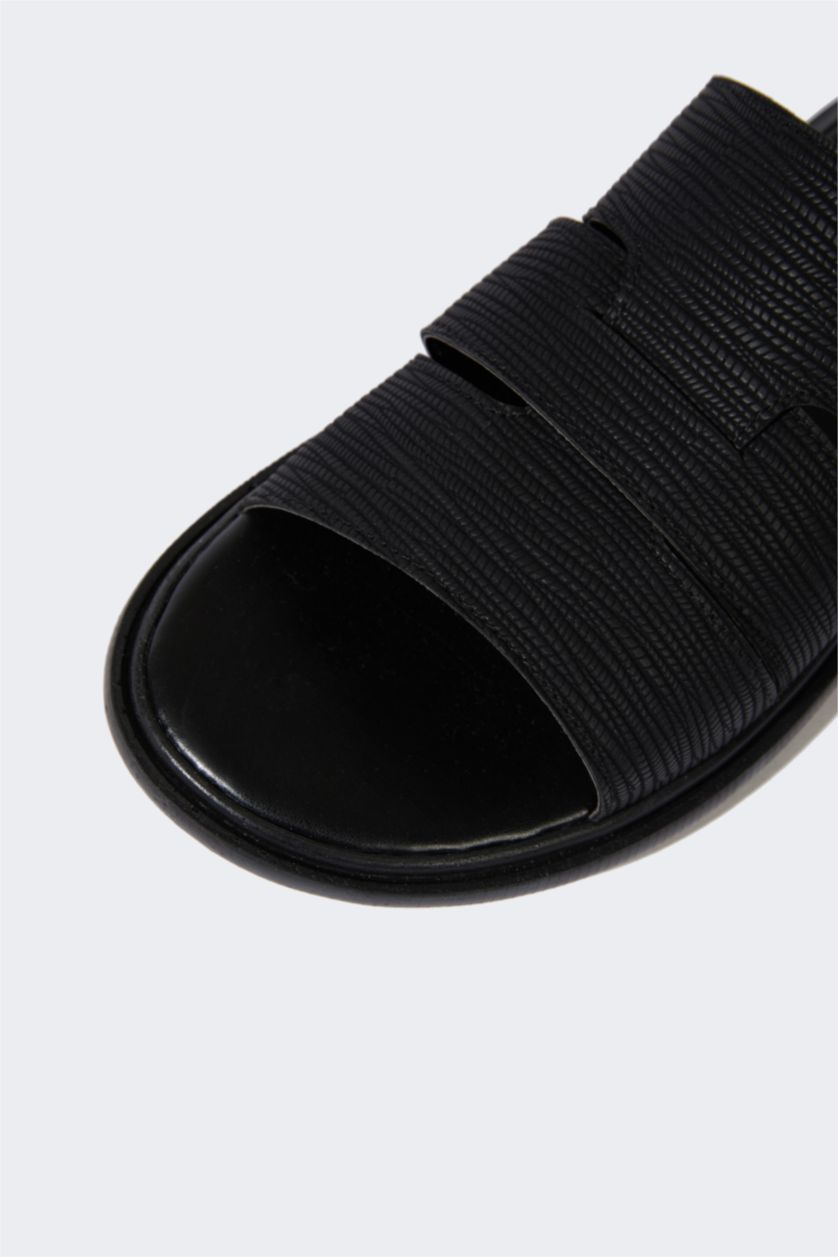 رجال أسود شبشب رجالي جلد صناعي بكعب مسطح بشريط مزدوج