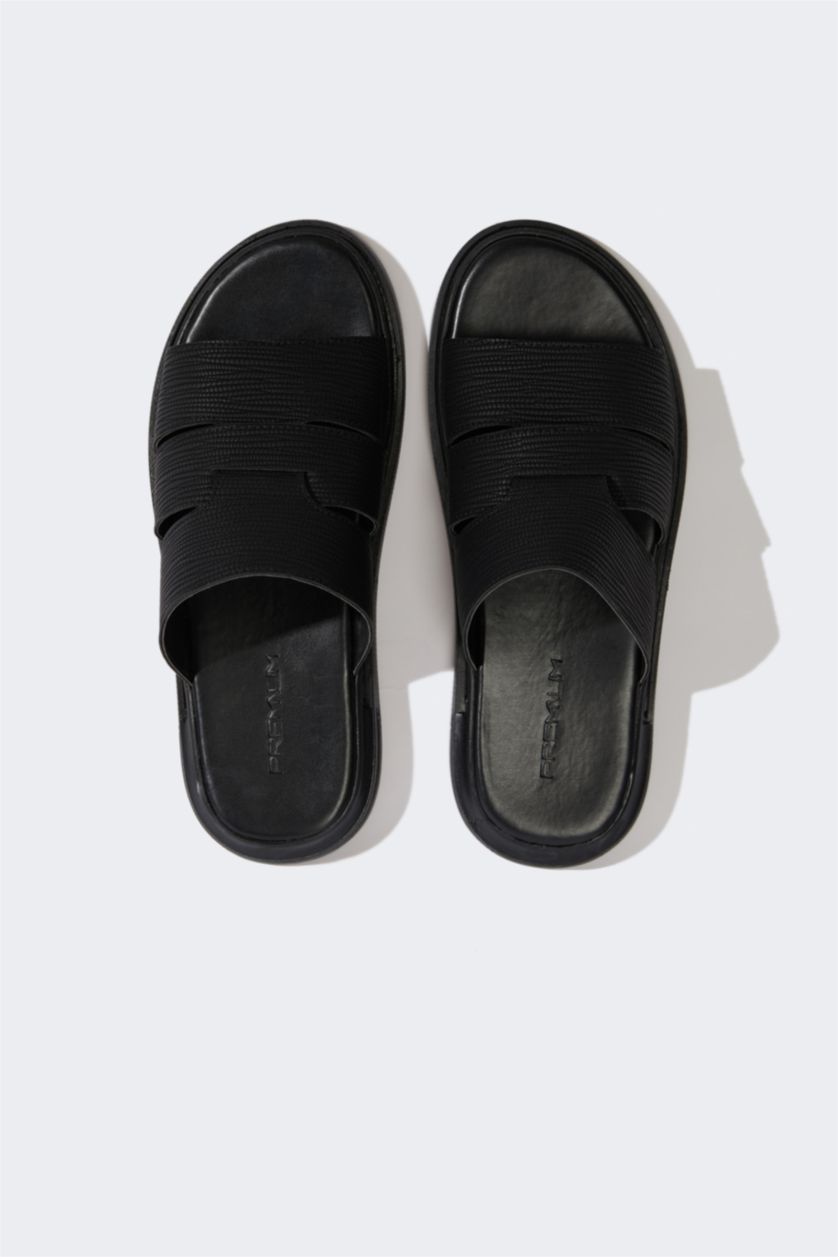 رجال أسود شبشب رجالي جلد صناعي بكعب مسطح بشريط مزدوج