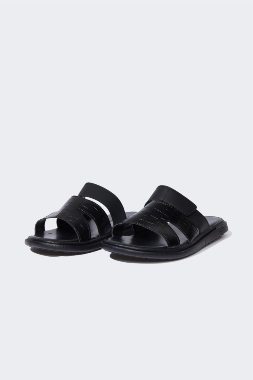 رجال أسود شبشب رجالي جلد صناعي بكعب مسطح