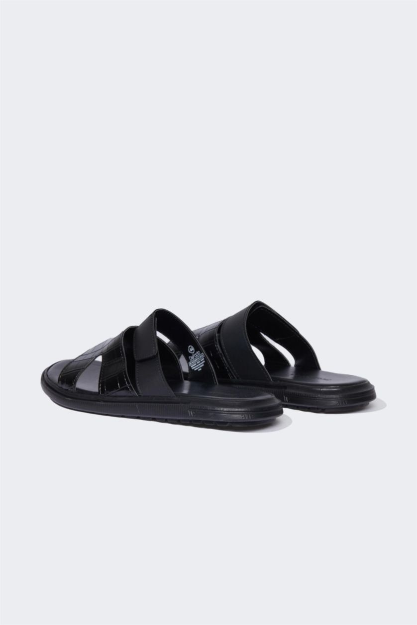 رجال أسود شبشب رجالي جلد صناعي بكعب مسطح