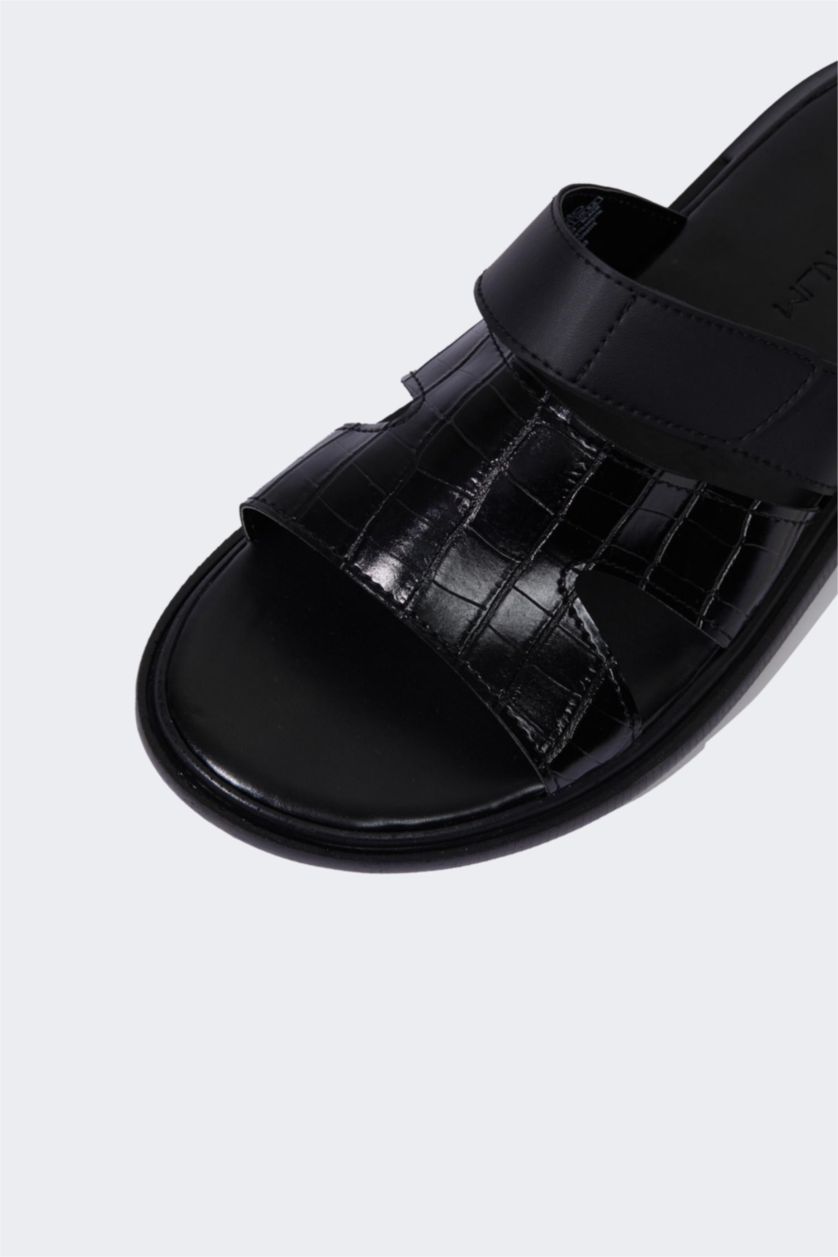 رجال أسود شبشب رجالي جلد صناعي بكعب مسطح