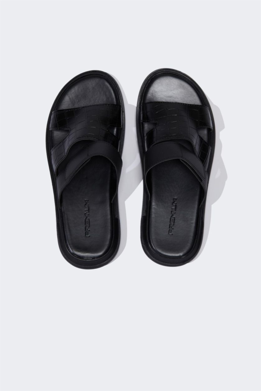 رجال أسود شبشب رجالي جلد صناعي بكعب مسطح