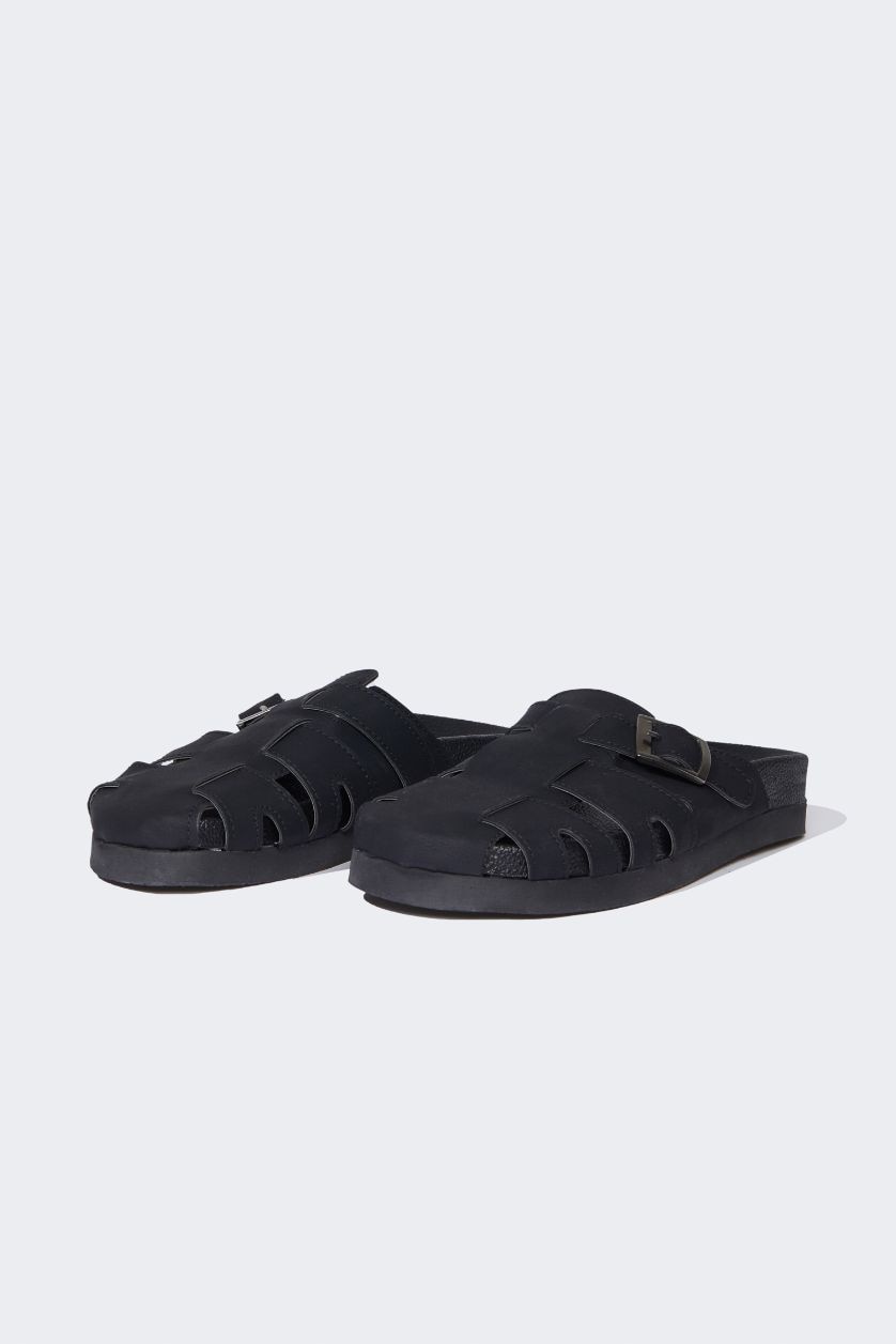 Erkek Siyah Erkek Düz Taban Suni Deri Terlik