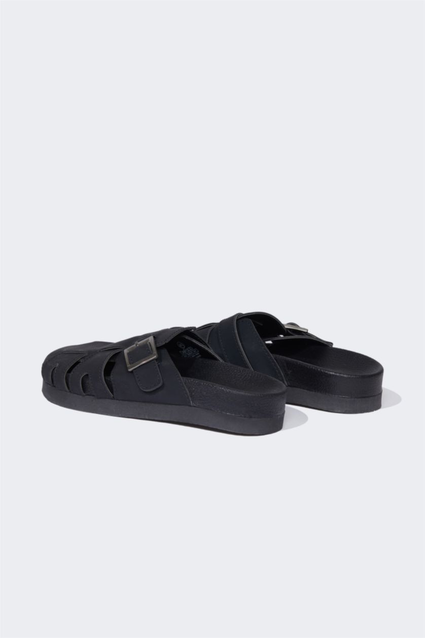 Erkek Siyah Erkek Düz Taban Suni Deri Terlik