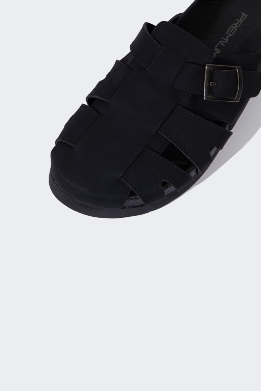 Erkek Siyah Erkek Düz Taban Suni Deri Terlik