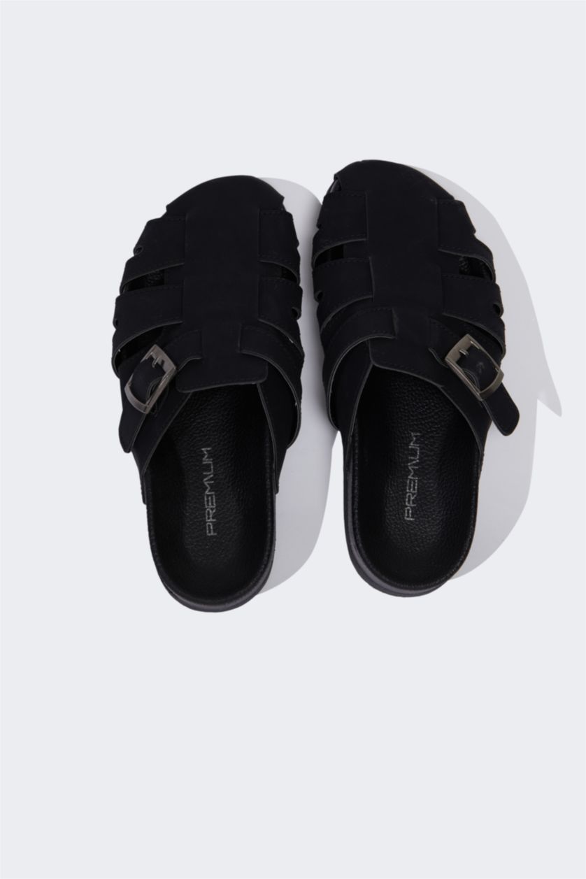 Erkek Siyah Erkek Düz Taban Suni Deri Terlik