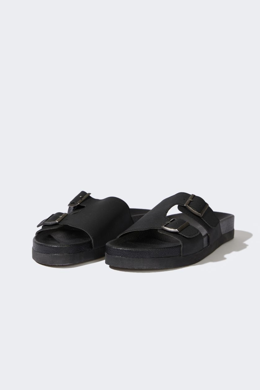 Erkek Siyah Erkek Düz Taban Suni Deri Terlik