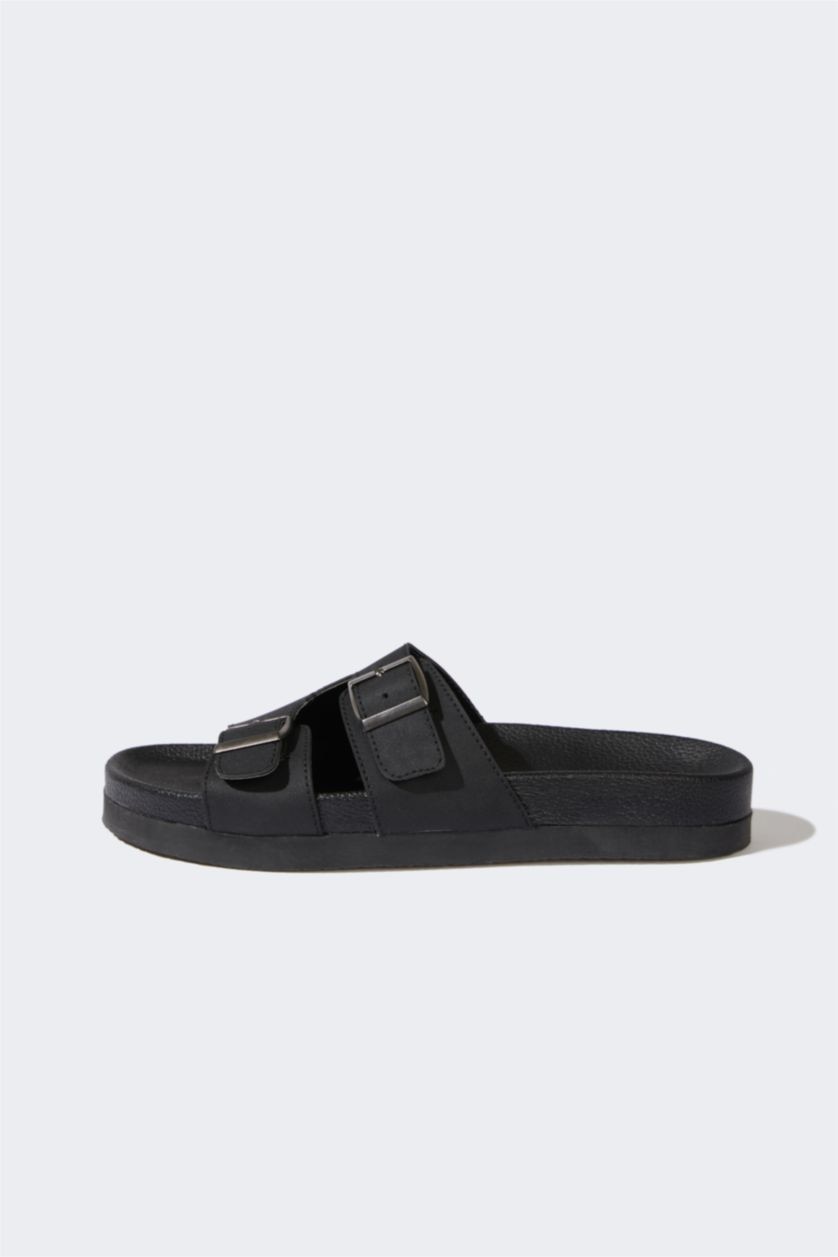 Erkek Siyah Erkek Düz Taban Suni Deri Terlik