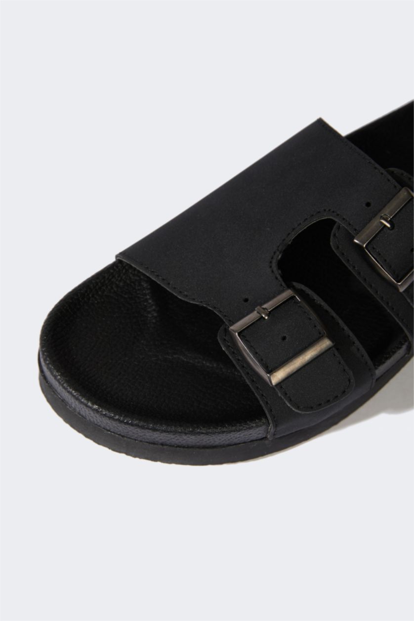 Erkek Siyah Erkek Düz Taban Suni Deri Terlik