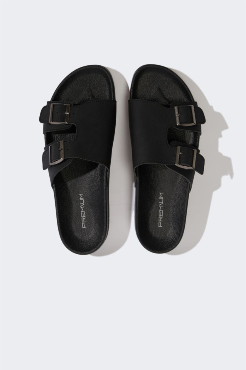 Erkek Siyah Erkek Düz Taban Suni Deri Terlik