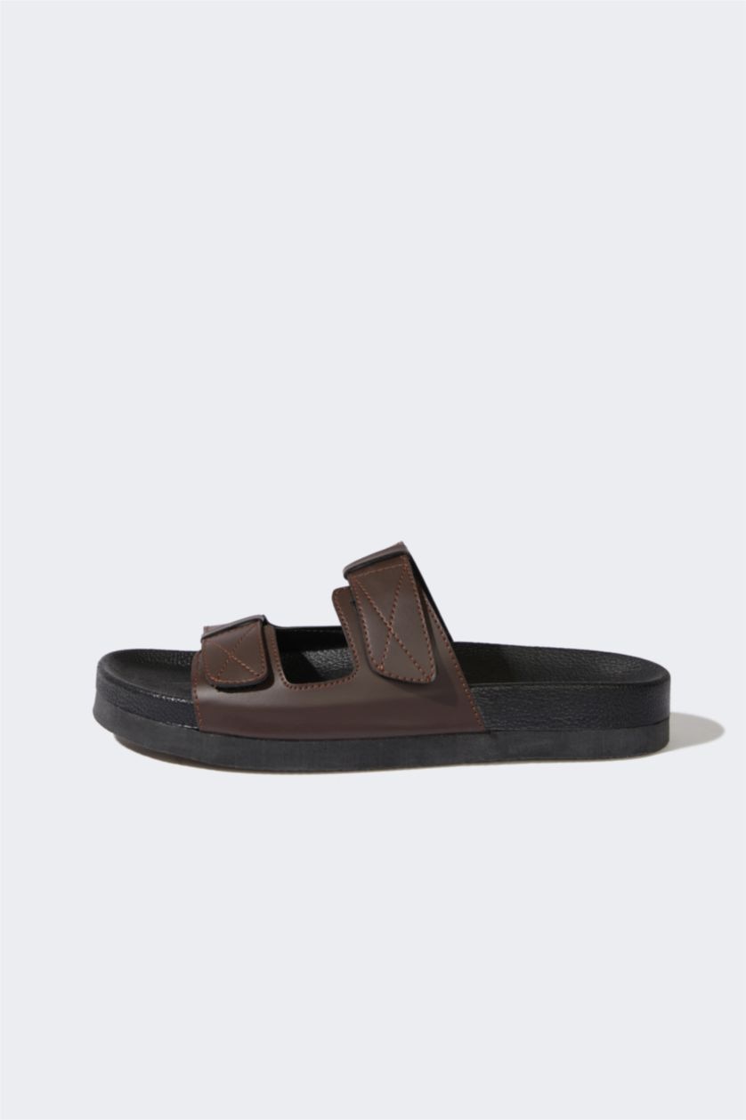 Erkek Kahve Erkek Düz Taban Çift Bantlı Suni Deri Terlik