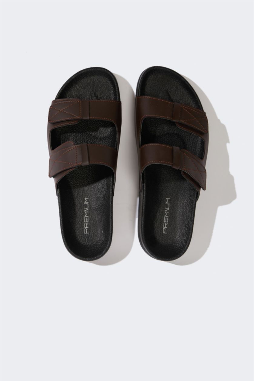 Erkek Kahve Erkek Düz Taban Çift Bantlı Suni Deri Terlik