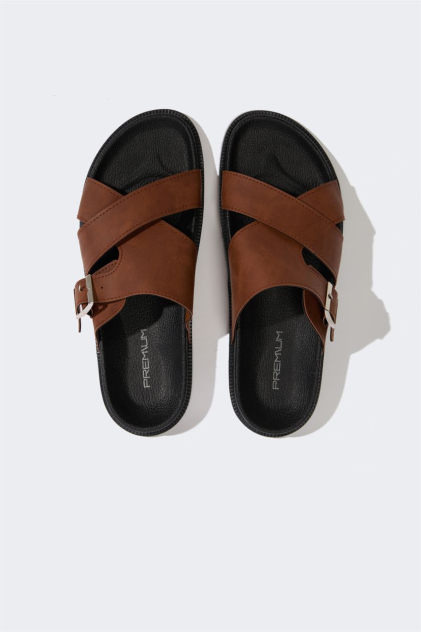 Erkek Camel Erkek Düz Taban Çift Bantlı Suni Deri Terlik