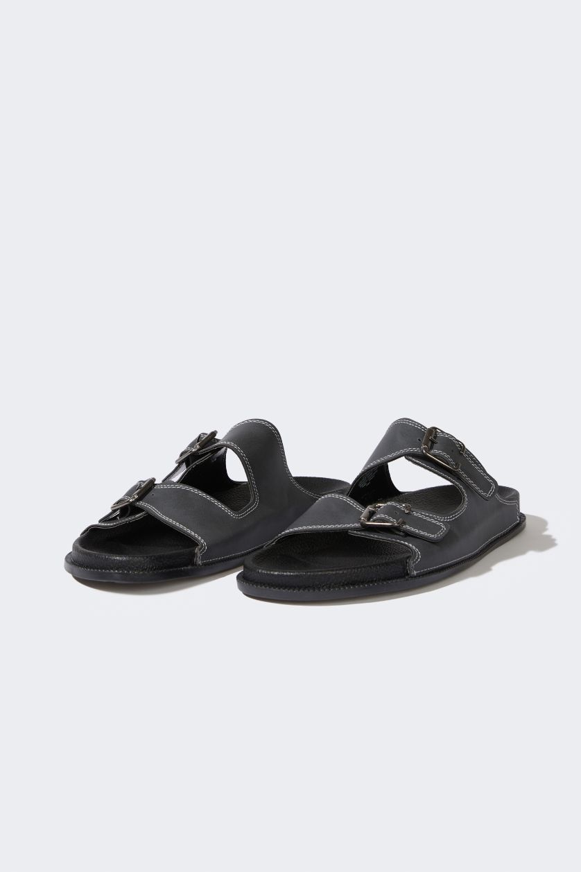 Erkek Gri Erkek Düz Taban Çift Bantlı Suni Deri Terlik