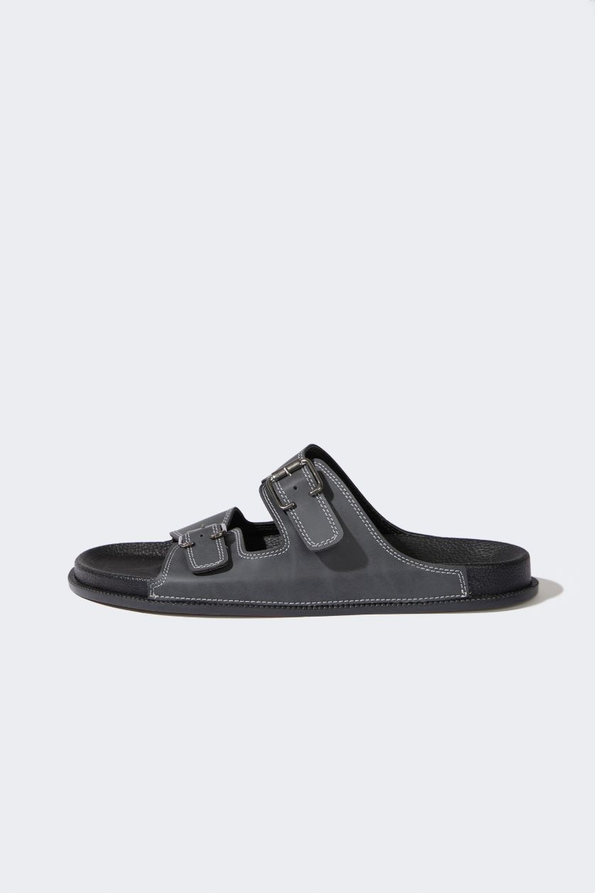 Erkek Gri Erkek Düz Taban Çift Bantlı Suni Deri Terlik