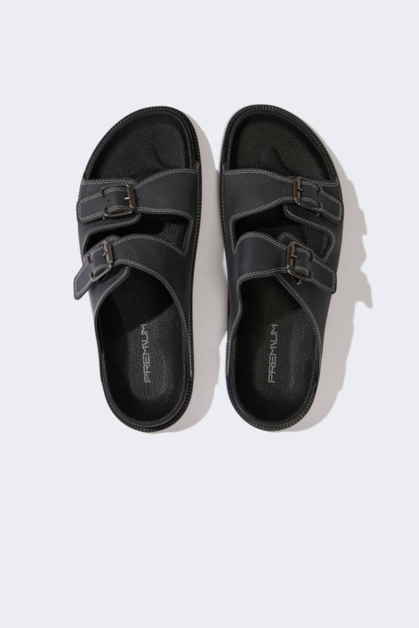 Erkek Gri Erkek Düz Taban Çift Bantlı Suni Deri Terlik