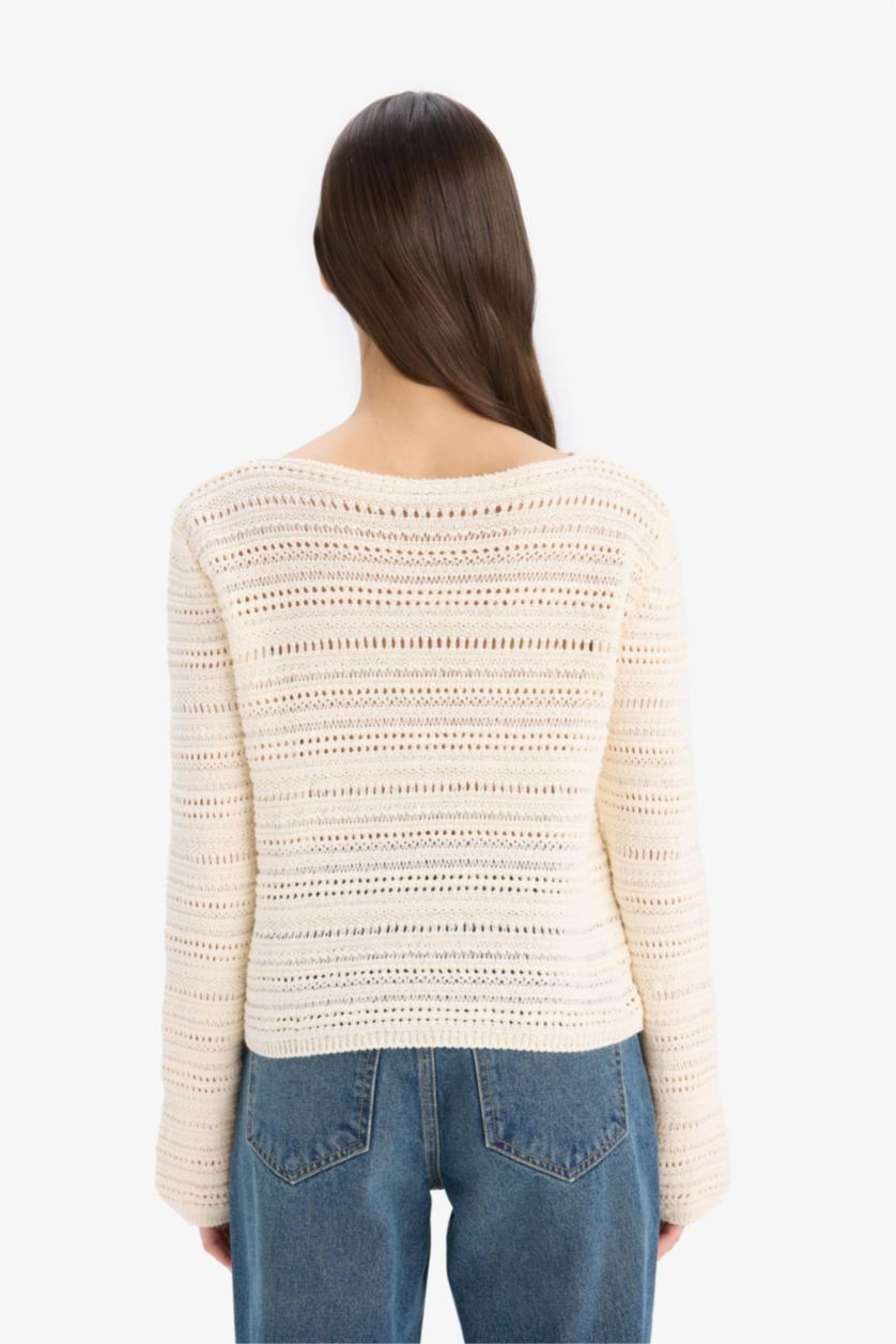 Женщины Бежевый Оверсайз Свитер Из Ажурной Трикотажной Ткани С Широкой Лодочной Горловиной