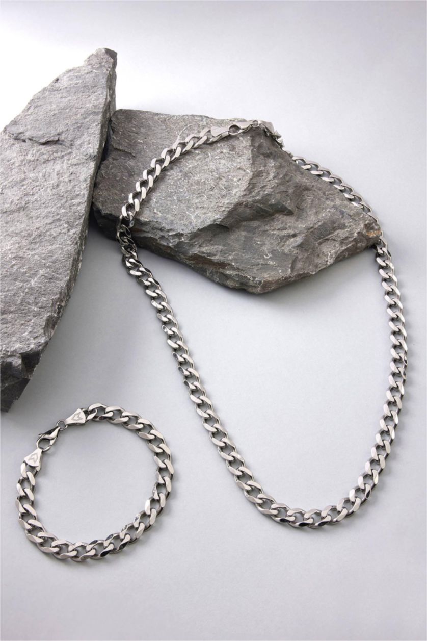 Man Grey AtolyeWolf x DeFacto Unisex Silver Steel Chain Necklace