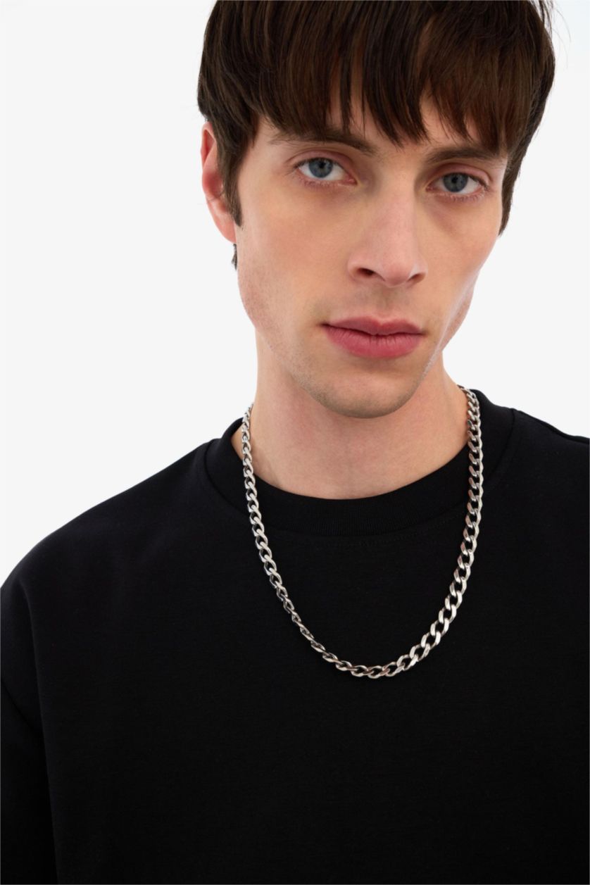 Man Grey AtolyeWolf x DeFacto Unisex Silver Steel Chain Necklace
