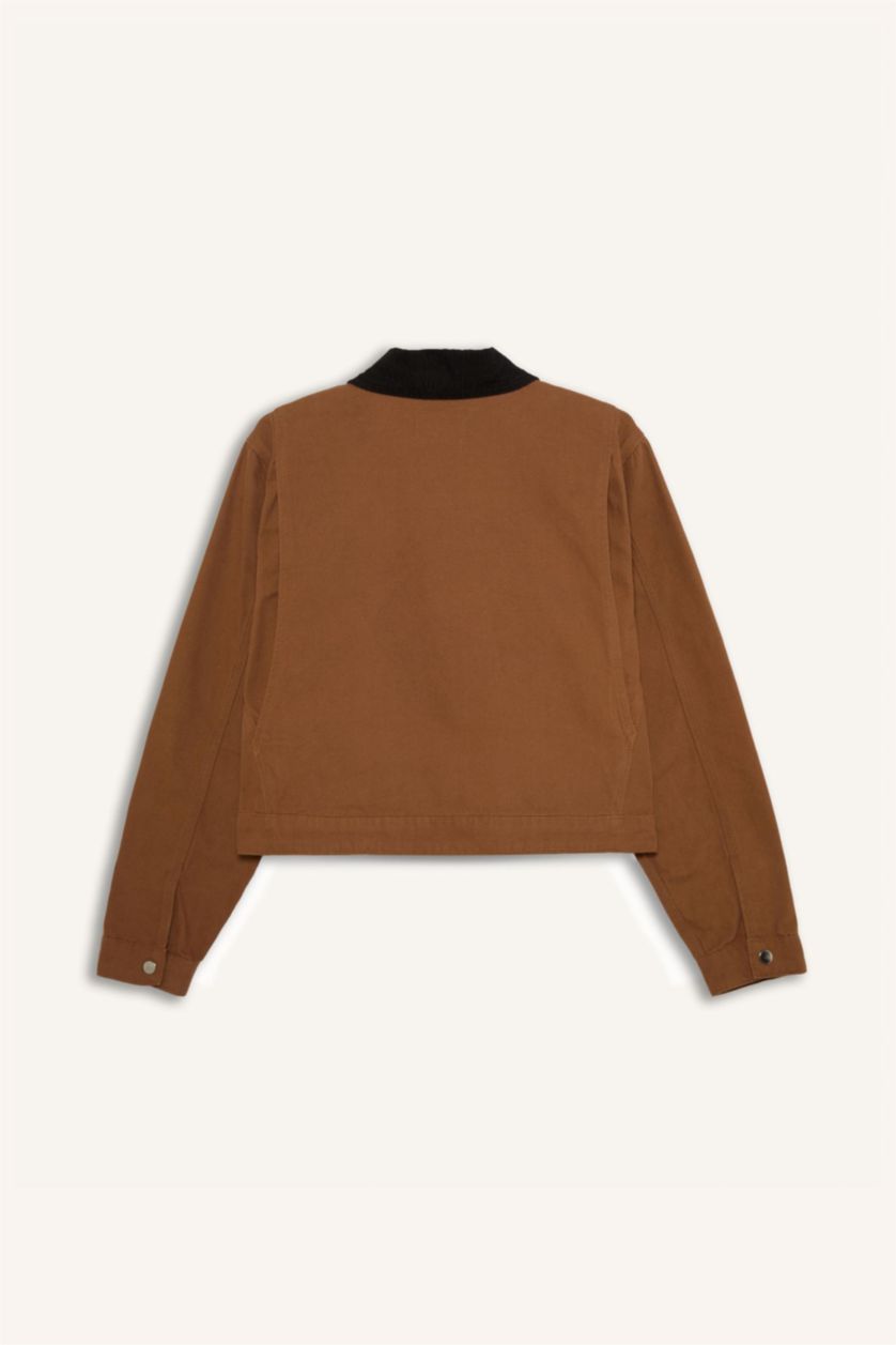 Kadın Camel %100 Pamuk Regular Fıt Kontrast Yakalı Fermuarlı Cepli Ceket Mont