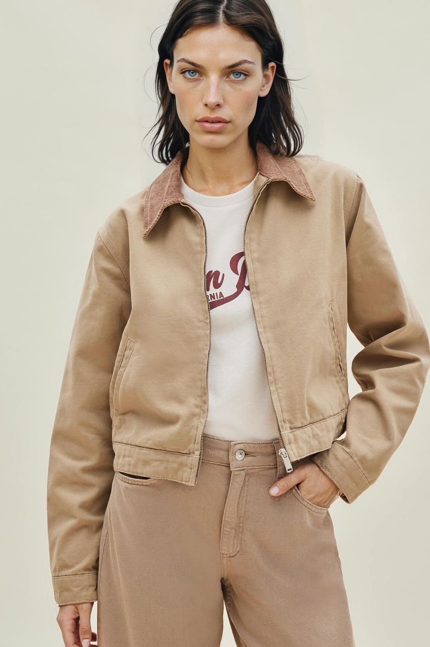 Woman Ecru Regular Fit Polo Collar Cotton Jacket