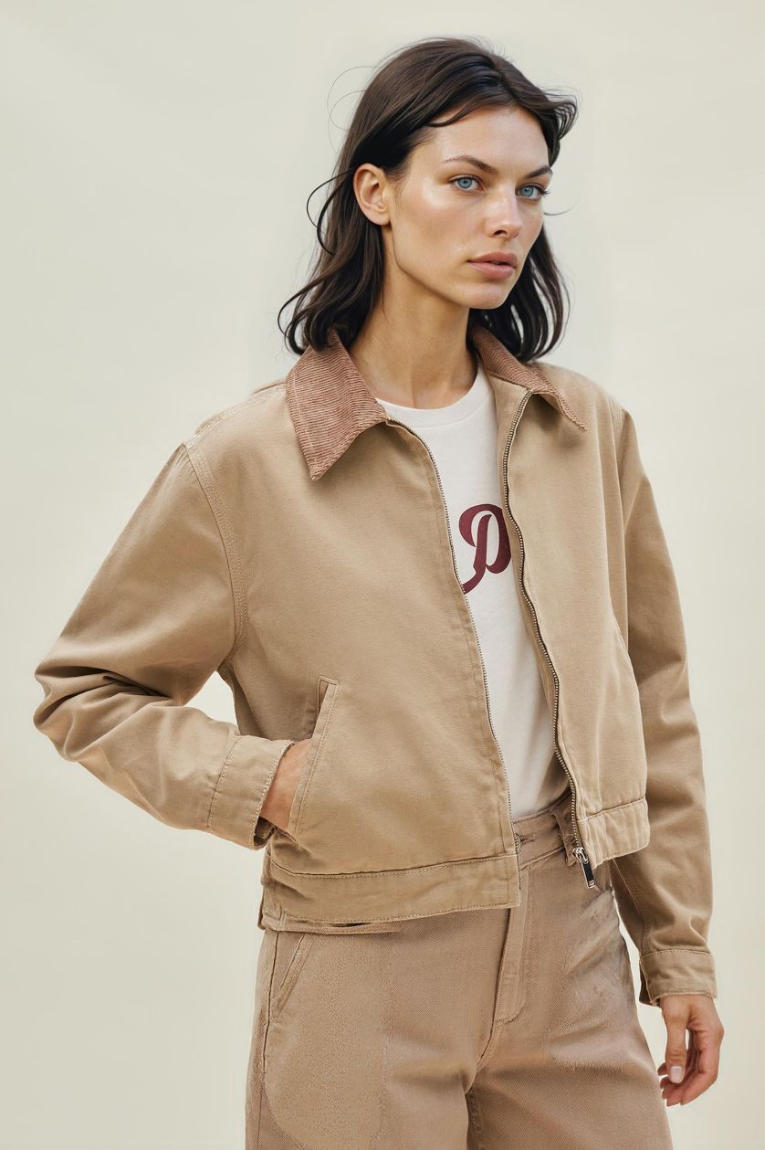 Woman Ecru Regular Fit Polo Collar Cotton Jacket