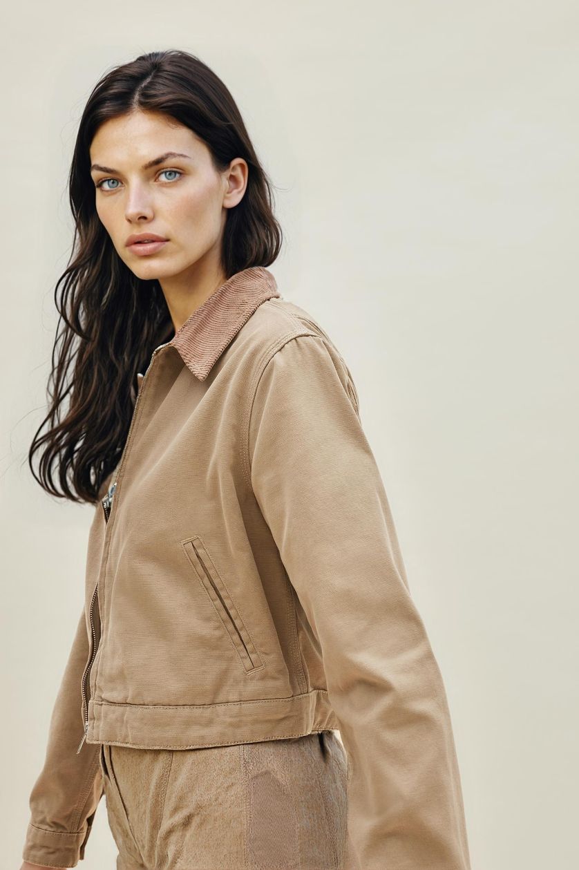 Woman Ecru Regular Fit Polo Collar Cotton Jacket