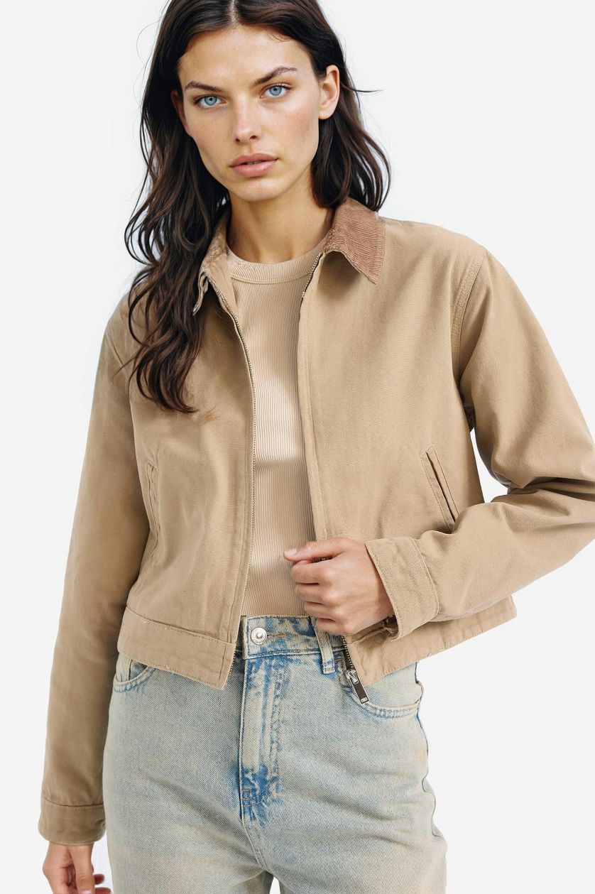 Woman Ecru Regular Fit Polo Collar Cotton Jacket