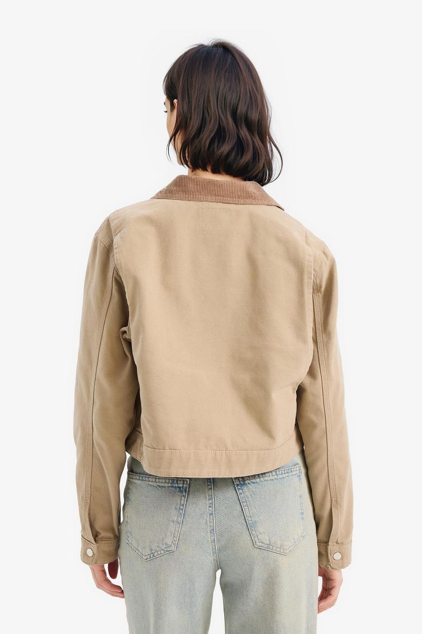 Woman Ecru Regular Fit Polo Collar Cotton Jacket