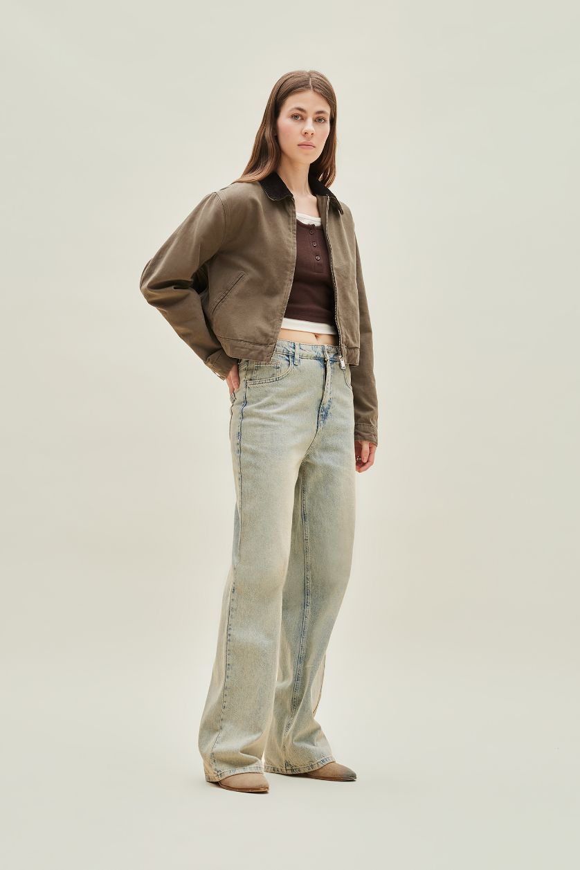 Kadın Haki %100 Pamuk Regular Fıt Kontrast Yakalı Fermuarlı Basıc Cepli Mevsimlik Ceket Mont