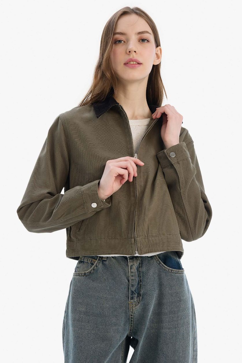 Kadın Haki %100 Pamuk Regular Fıt Kontrast Yakalı Fermuarlı Basıc Cepli Mevsimlik Ceket Mont