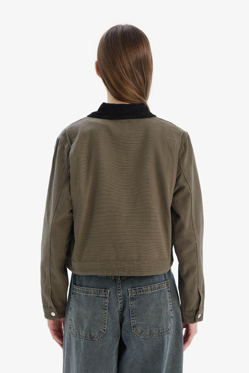 Kadın Haki %100 Pamuk Regular Fıt Kontrast Yakalı Fermuarlı Basıc Cepli Mevsimlik Ceket Mont