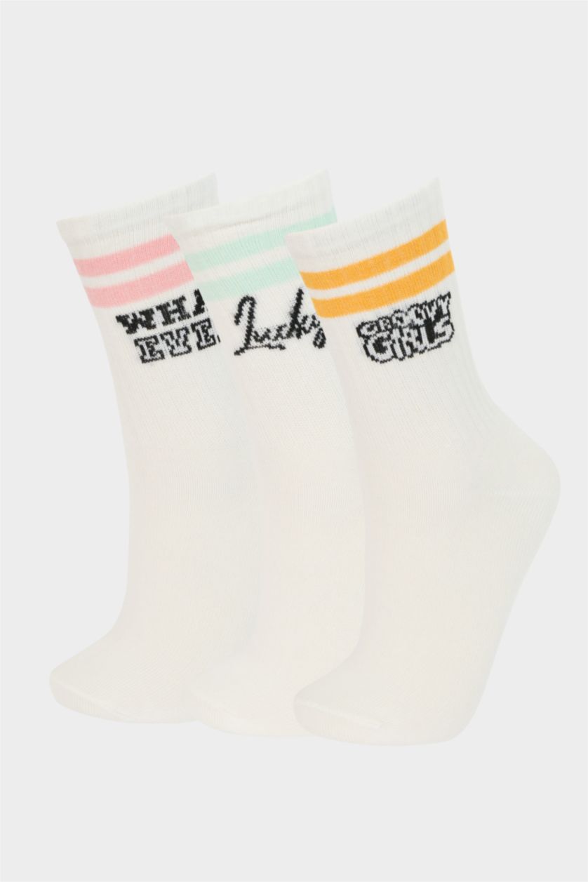Kız Çocuk - Genç Kız Beyaz Kız Çocuk Rahat Lastikli 3'lü Pamuklu Uzun Çorap