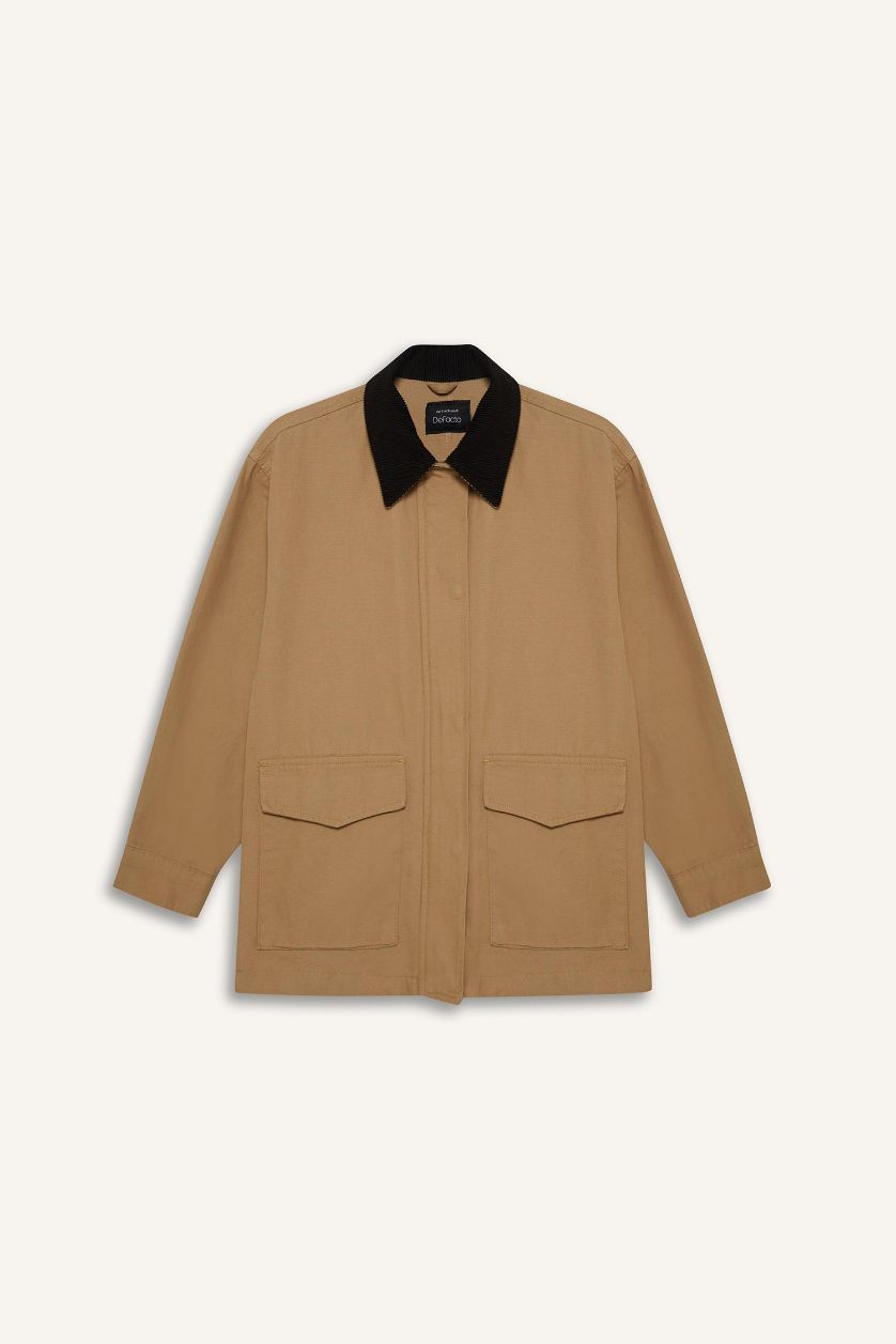 Kadın Bej %100 Pamuk Regular Fıt Kontrast Yakalı Cepli Mevsimlik Ceket Mont