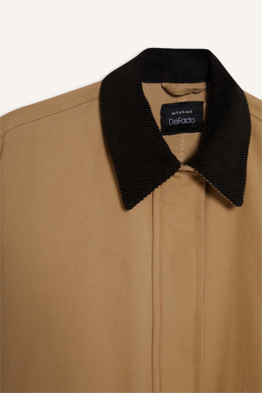 Kadın Bej %100 Pamuk Regular Fıt Kontrast Yakalı Cepli Mevsimlik Ceket Mont