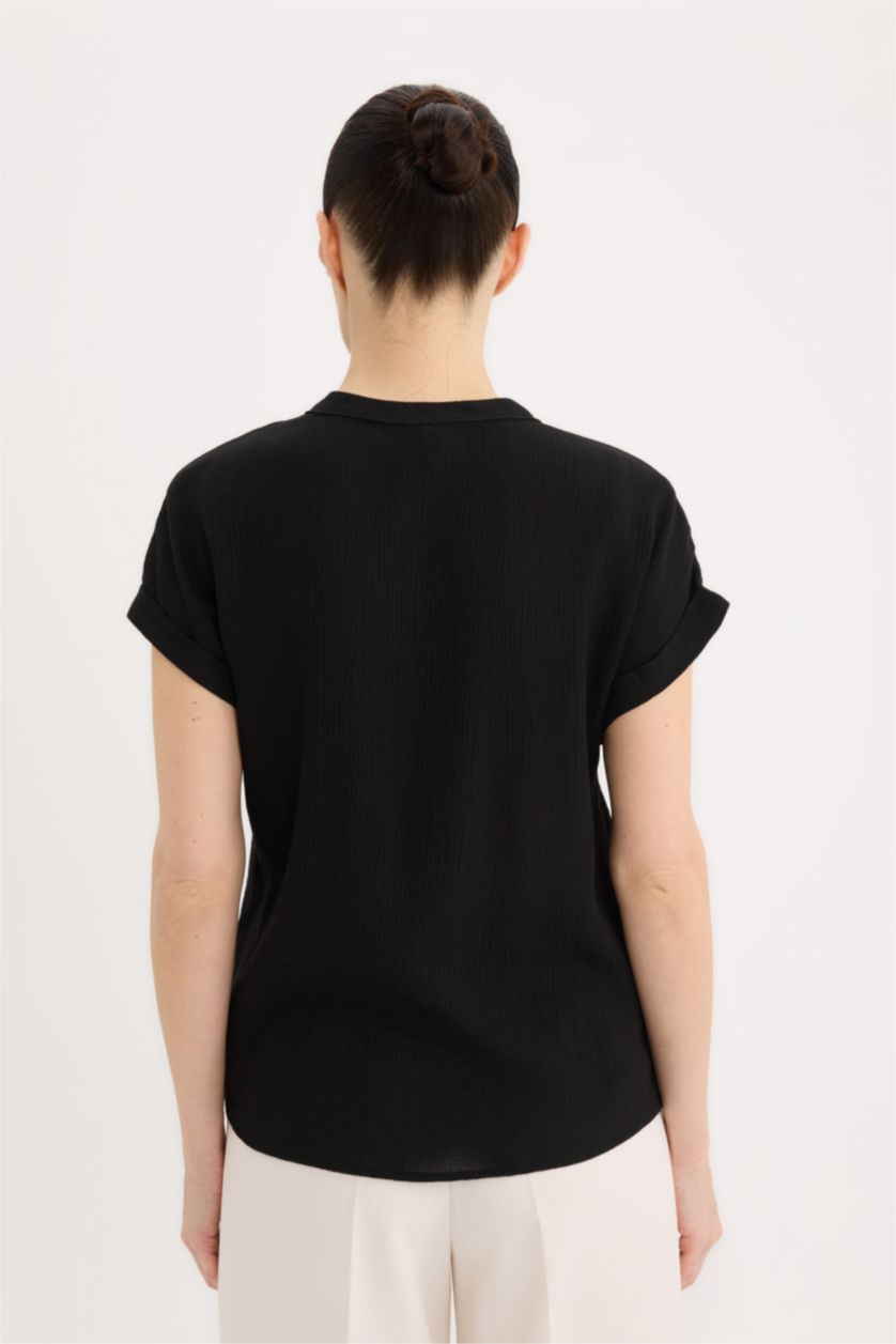 نساء أسود بلوزة نص ردن قصة عادية بياخة مستديرة