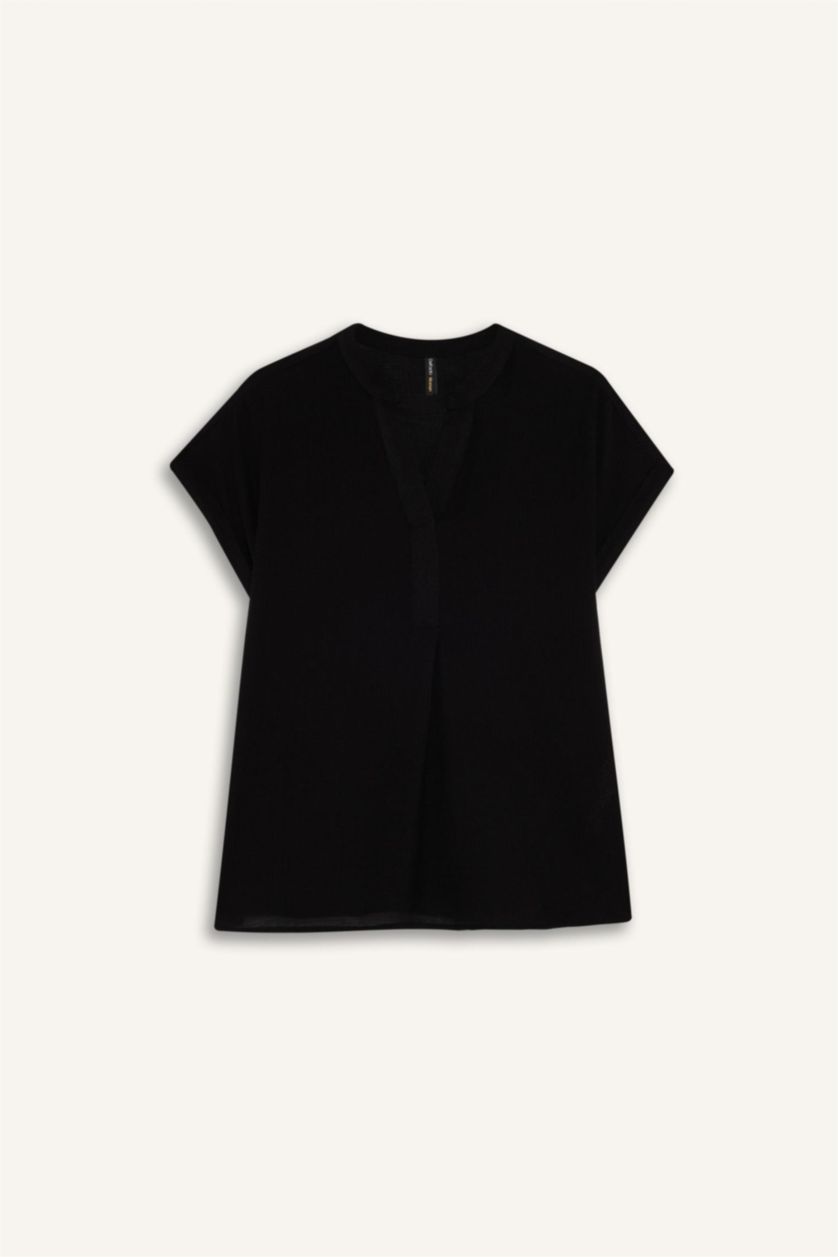 نساء أسود بلوزة نص ردن قصة عادية بياخة مستديرة