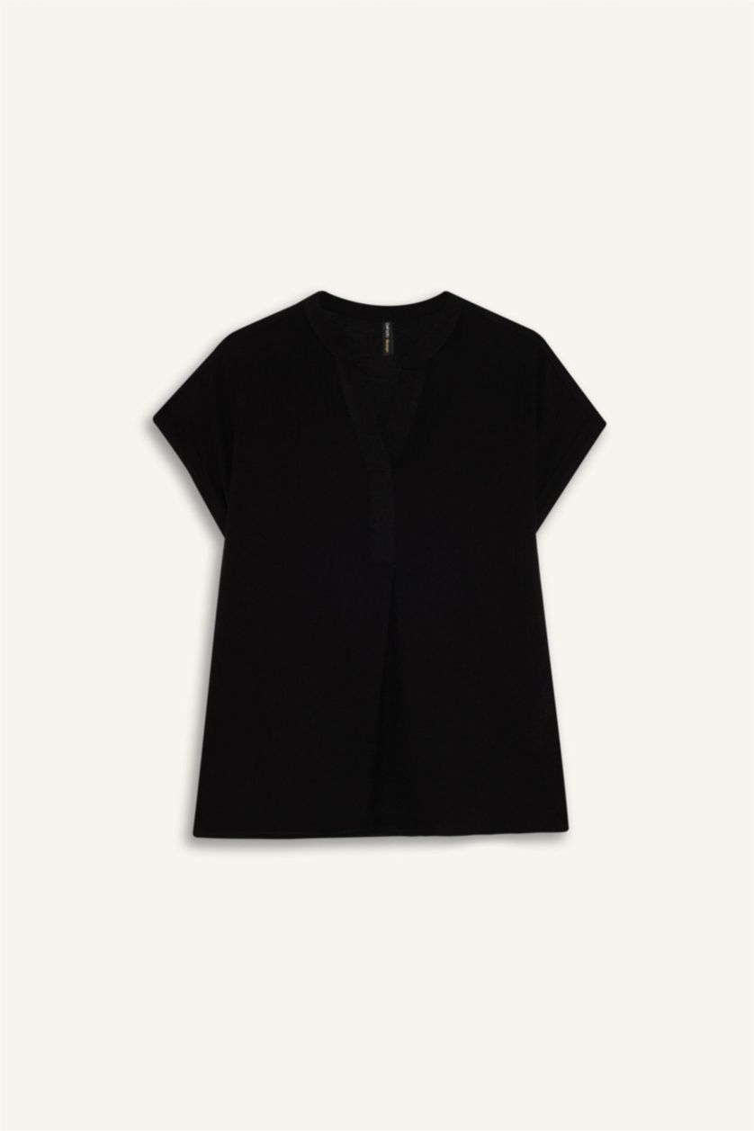 نساء أسود بلوزة نص ردن قصة عادية بياخة مستديرة