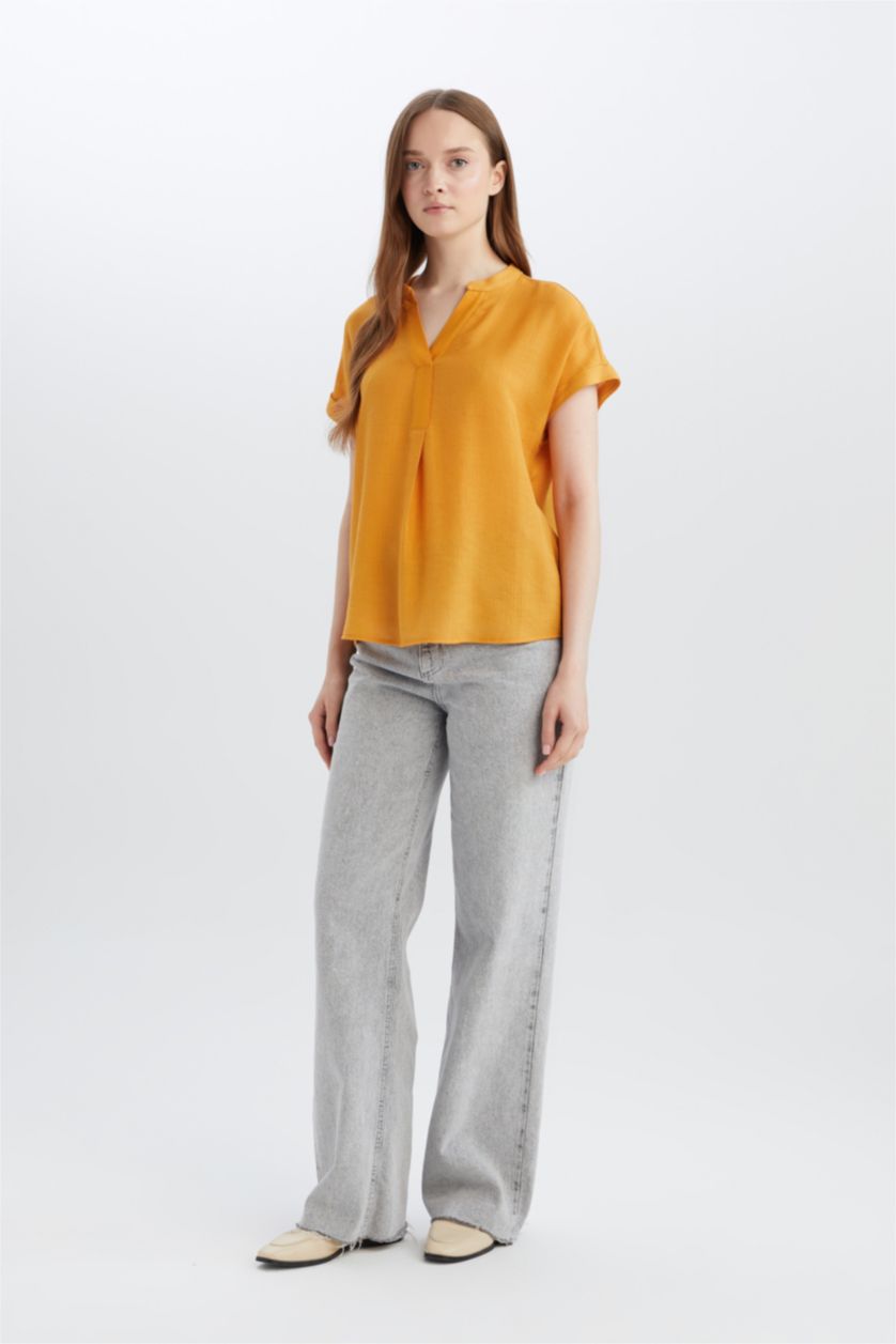 نساء أصفر بلوزة نص ردن قصة عادية بياخة مستديرة