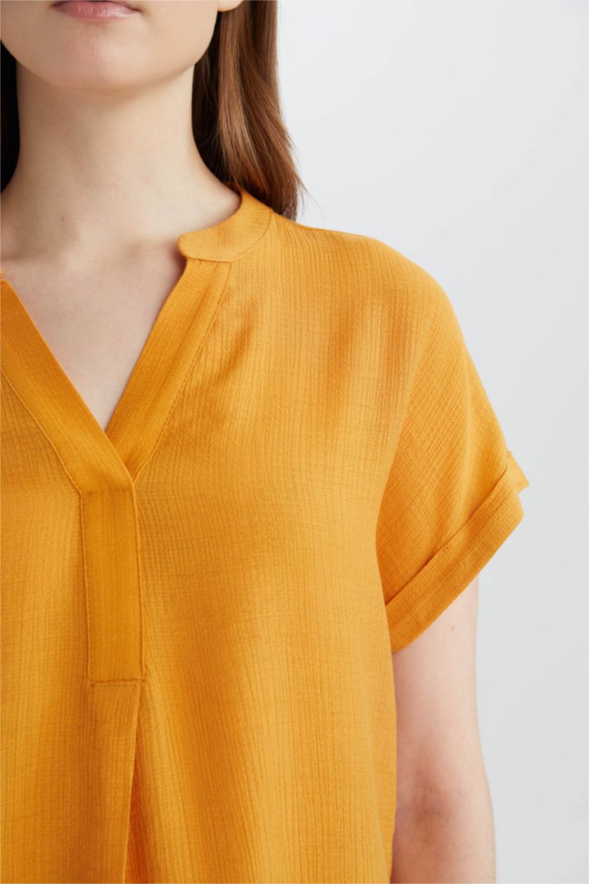 نساء أصفر بلوزة نص ردن قصة عادية بياخة مستديرة