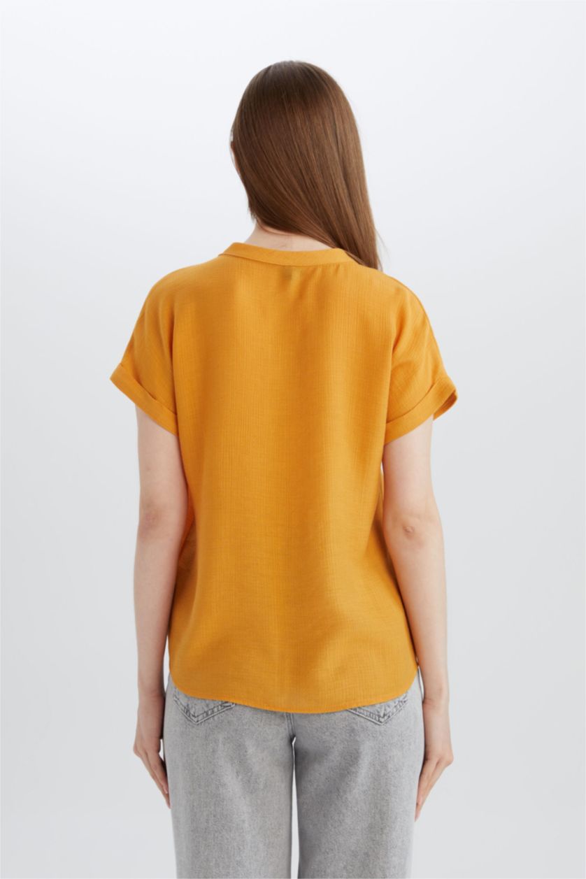 نساء أصفر بلوزة نص ردن قصة عادية بياخة مستديرة