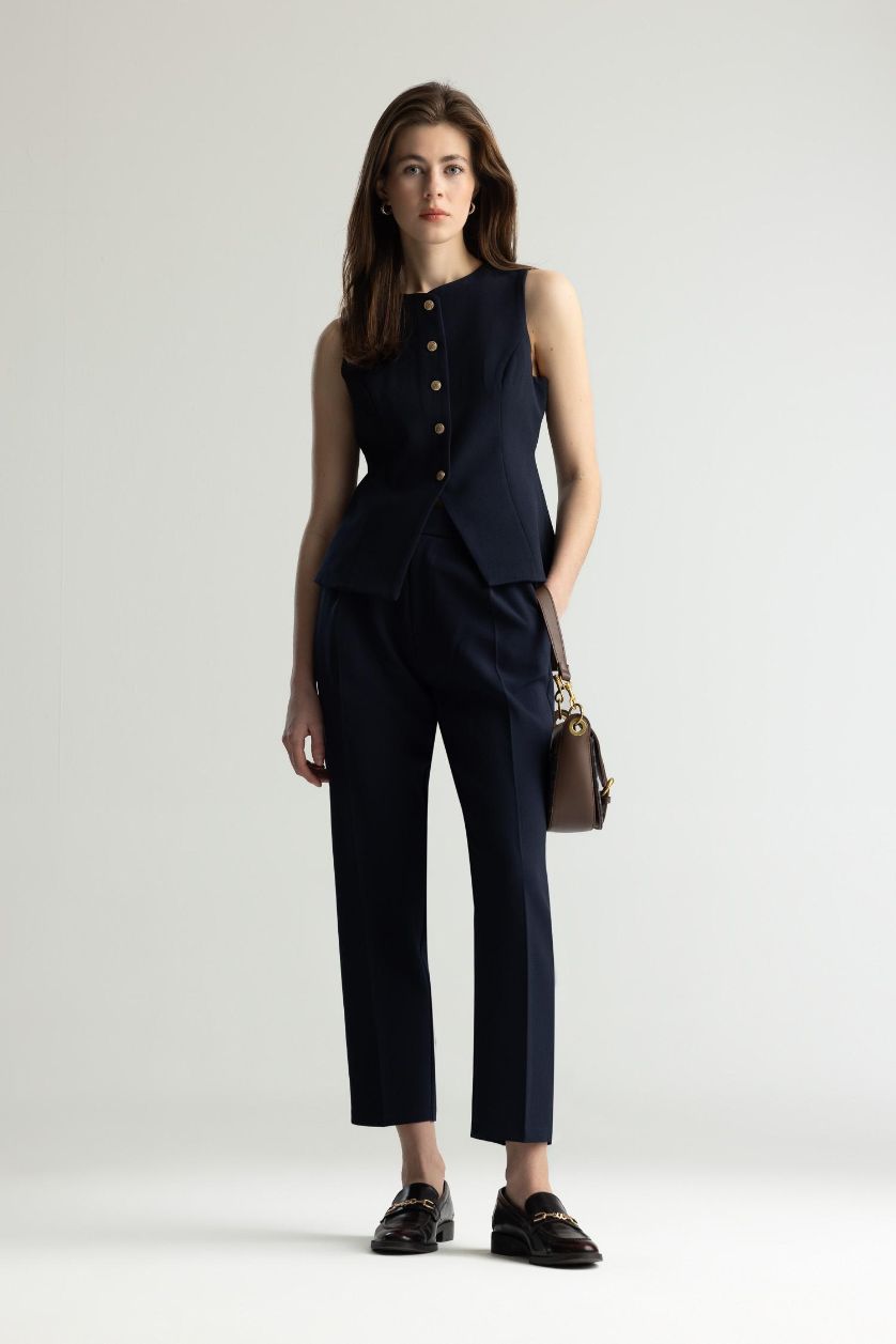 FEMME Marin Pantalon droit à taille haute avec poches Coupe carrote